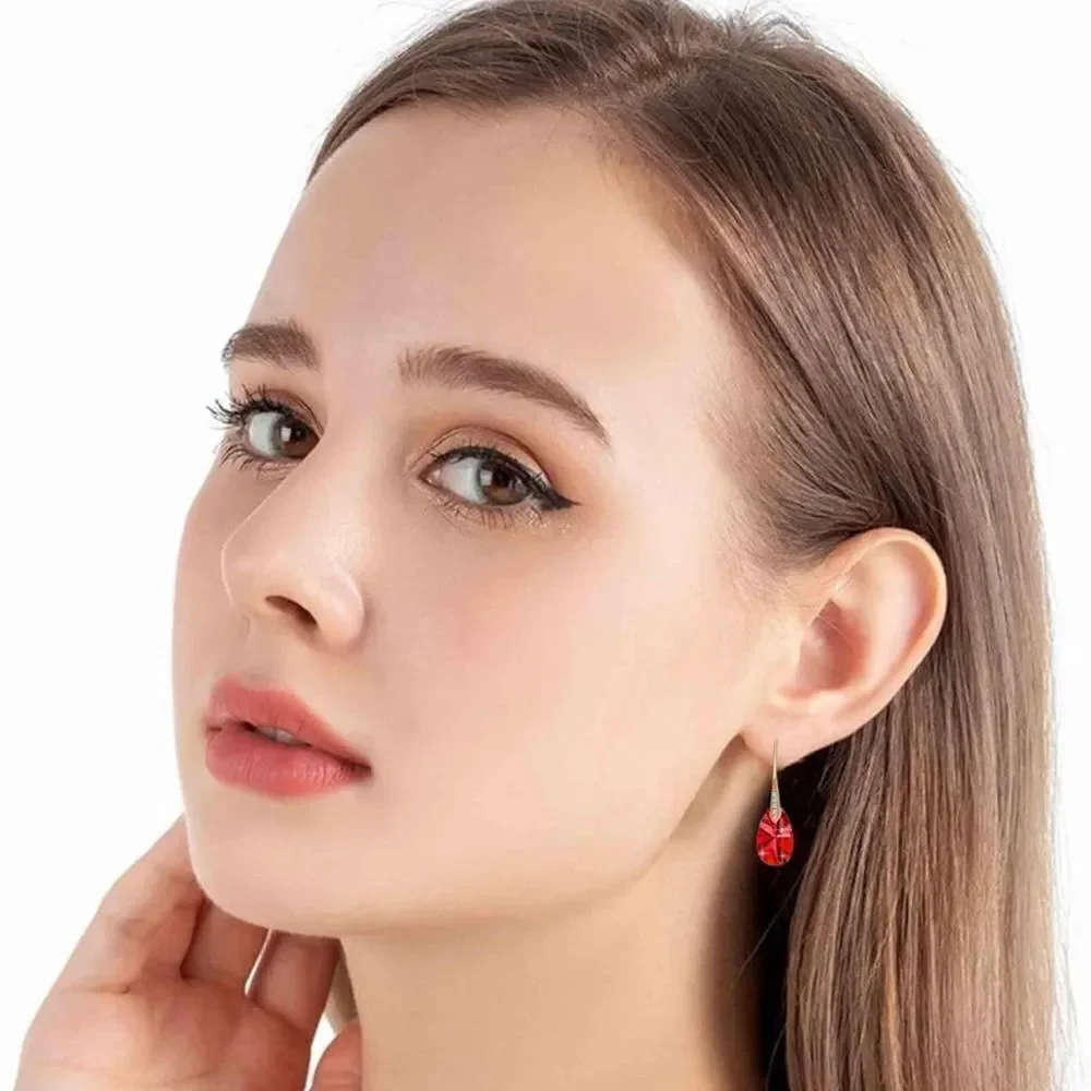 14K Yellow Gold with Ruby Red Austrian Crystal Teardrop Drop Hook Earrings